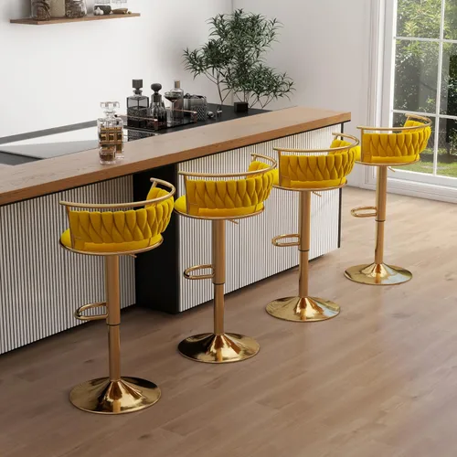 Miniatura 15 de Juego de 2 taburetes de bar giratorios de 360°, silla de bar de terciopelo ajustable a altura de mostrador moderna, taburete de metal plateado