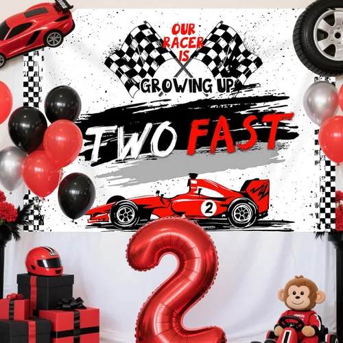 Miniatura 6 de Telón de fondo de segundo cumpleaños con temática de auto de carreras para niños, Our Racer is Growing Up Two Fast Photography Background Second