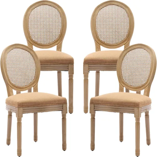 Miniatura 24 de Juego de 2 sillas de comedor de campo francés, sillas de comedor de madera de granja beige, silla de comedor con respaldo tejido con cojín tapizado