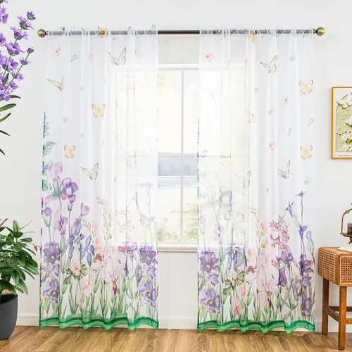 Miniatura 11 de youleyar Cortinas traslúcidas florales para sala de estar, 2 paneles de 54 pulgadas de largo, cortinas semitransparentes blancas con estampado