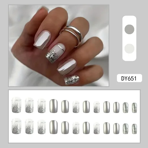 Miniatura 2 de 24 uñas postizas cuadradas de color negro brillante, de cobertura completa, con diseños de notas musicales, uñas postizas acrílicas con pegamento
