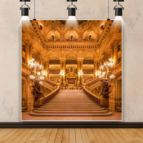 Miniatura 2 de Renaiss Telón de fondo dorado de 4 x 4 pies para fotografía, iglesia antigua europea, castillo dorado, interior real, candelabro, escalera, boda