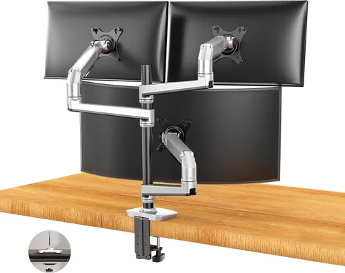 Ergounion - Soporte de escritorio para tres monitores, soporta pantallas de hasta 40 pulgadas y 25 libras, soporte de escritorio totalmente Plateado