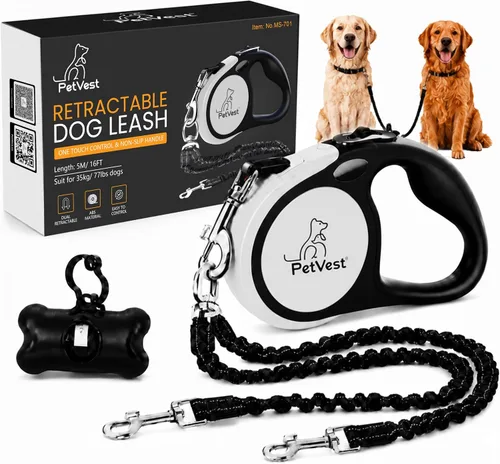 Miniatura 9 de Correa retráctil doble para perros, de 10 pies sin enredos para 2 perros, desmontable para uso individual, freno y bloqueo con un botón, hasta 20 kg