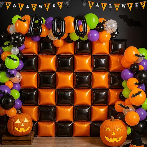 Miniatura 7 de Lunmon Kit de arco de guirnalda de globos cuadrados negros y naranjas, 143 piezas con adhesivo de murciélagos, túnel de globos de doble cara