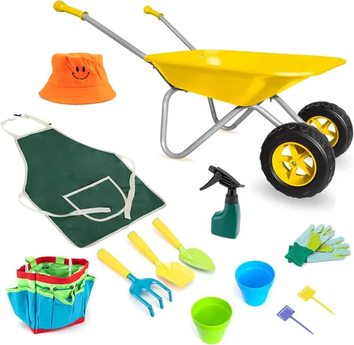 Miniatura 14 de 3T GROUP Juego de carretilla para niños, carretilla de metal para niños, barril de rueda para todas las estaciones, arena y suciedad, pala de nieve