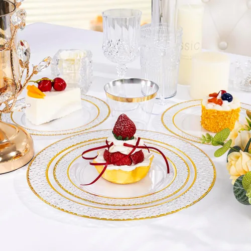 Miniatura 4 de Ciaell 350 piezas de platos de plástico transparentes con ribete dorado para 50 invitados, incluye 100 platos de plástico, 50 servilletas Claro