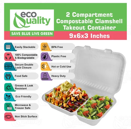 Miniatura 2 de Compostable 2 compartimentos rectangulares con bisagras Clamshell Take Out Contenedores de alimentos 9x6x3,Calidad resistente desechable para llevar