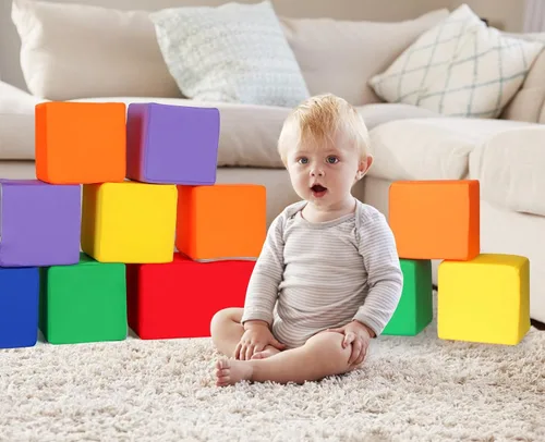 Miniatura 5 de Bloques de espuma para niños pequeños, 12 piezas de tela cubierta en 2 tamaños, juegos de bloques apilables, colorido juego suave para niños, idea