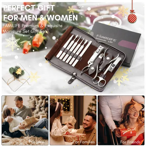Miniatura 5 de FAMILIFE - Kit de manicura profesional para uñas, 11 en 1, de acero inoxidable, con estuche de viaje portátil de cuero negro, regalos de lujo para él