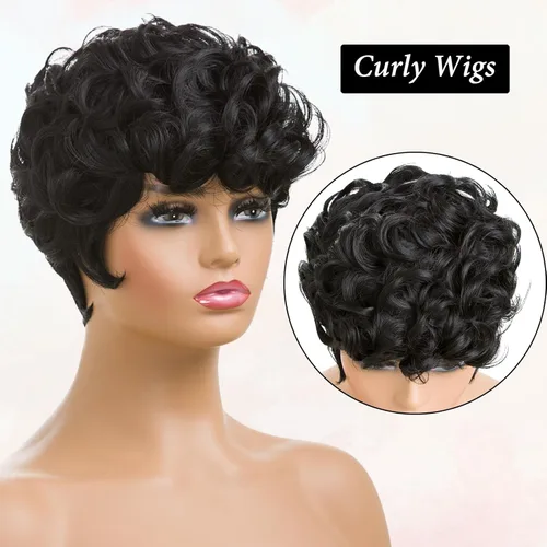 Miniatura 4 de Pelucas cortas de corte Pixie negro natural para mujeres negras, pelucas de cabello rizado de repuesto, peluca corta negra en capas con flequillo