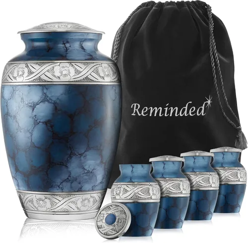 Reminded Juego de 5 urnas decorativas de cremación para cenizas humanas, 1 latón para adultos + 4 tamaño de símbolo de recuerdo, azul