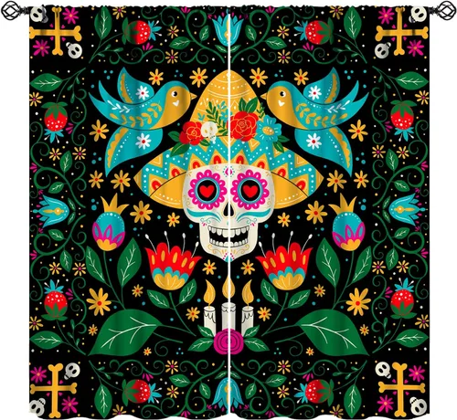 Miniatura 9 de Divertidas cortinas opacas de calavera de azúcar, cementerio del día de los muertos, diseño floral de México, telón de fondo negro, cortinas