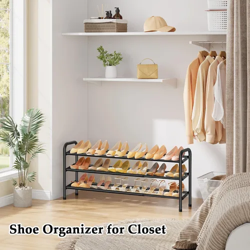 Miniatura 4 de Gewudraw Organizador de zapatos de 3 niveles, zapatero para armario, estante de metal de 28 pulgadas que se puede ampliar a 42 pulgadas