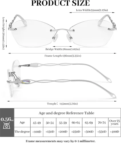 Miniatura 5 de LUFF Rimless Reading Glasses for Women Blue Light Computer Readers Lightweight 16g Metal Frame Eye Strain Relief plateado
