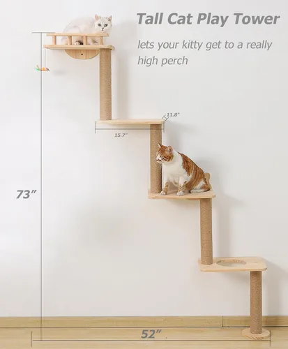 Miniatura 5 de Árbol para gatos montado en la pared con estantes de 4 niveles, torre de esquina de madera de 73 pulgadas con poste rascador interior para gatitos