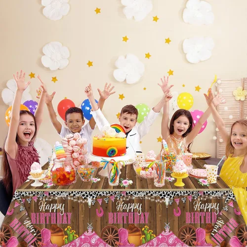 Miniatura 5 de Mantel para fiesta de cumpleaños de vaquera occidental, 3 piezas, 108 x 54 pulgadas, mantel de plástico con temática de vaquera, decoración