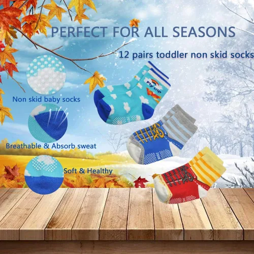 Miniatura 18 de Tphon Calcetines para niños pequeños con empuñaduras, 12 pares de calcetines antideslizantes de algodón para niños y niñas de 1 a 7 años