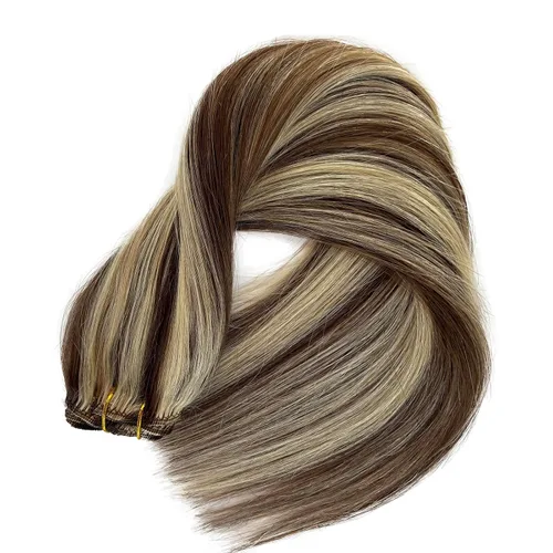 Miniatura 9 de Extensiones de cabello rubio ceniza con reflejos, extensiones de cabello humano real con clip, de 12 pulgadas, 2.47 onzas, doble trama, invisible