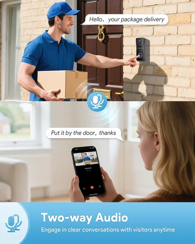 Miniatura 4 de AUE Timbre de puerta inalámbrico, timbre de video HD 2K con timbre de anillo, funciona con pilas, visión nocturna, audio de 2 vías, detección