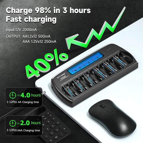 Miniatura 3 de CITYORK Cargador de batería AA AAA de 12 bahías con función de actualización, cargador de batería inteligente con pantalla LCD