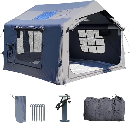 Miniatura 10 de Tienda de campaña inflable grande de lujo con conector de estufa y puerto de CA, 4 a 12 personas, casa de lona glamping de 4 estaciones, tienda