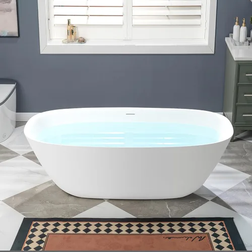 Miniatura 19 de WOODBRIDGE Bañera independiente de 55 pulgadas x 31.5 pulgadas de resina de piedra de lujo y superficie sólida contemporánea en blanco mate