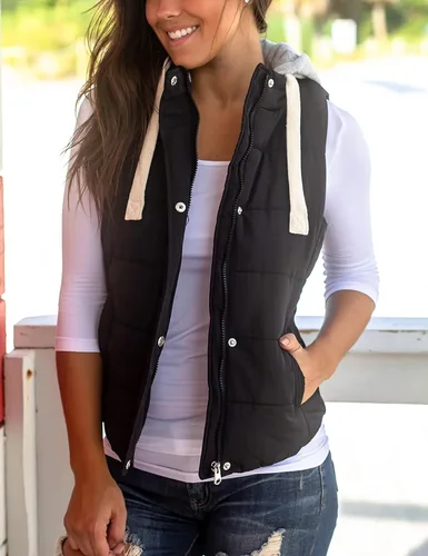 Miniatura 5 de Chaleco Yeokou acolchado para mujer, para invierno, con capucha extraíble, sin mangas y entallado