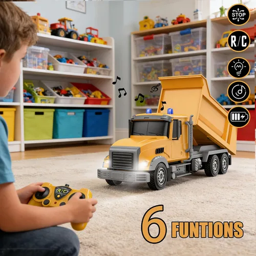 Miniatura 2 de Camión volquete de construcción con control remoto, vehículo RC de 6 canales, juguetes con 2 baterías recargables, camiones volquete a escala 1/24