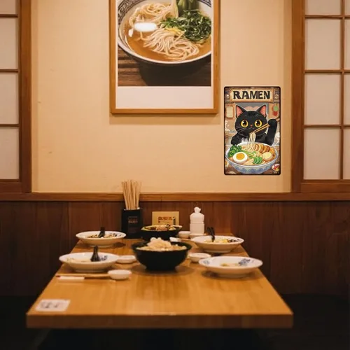 Miniatura 5 de GLOBLELAND Letrero de metal de ramen de gato negro de 12 x 8 pulgadas, letrero de decoración de gatitos y fideos, placa de metal de pared