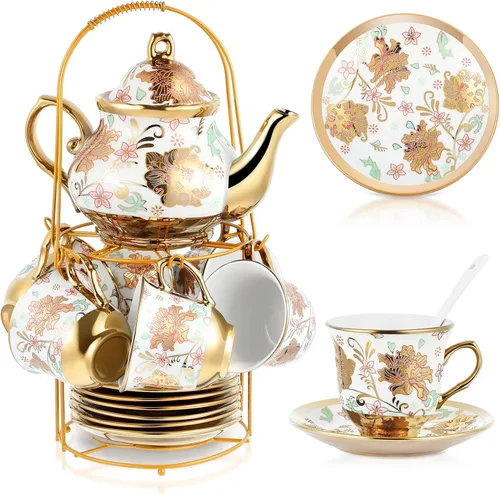 Miniatura 8 de Zhehao Juego de té de porcelana de 20 piezas con soporte de metal y cuchara para adultos, juego de té de cerámica para adultos, pintura de flores