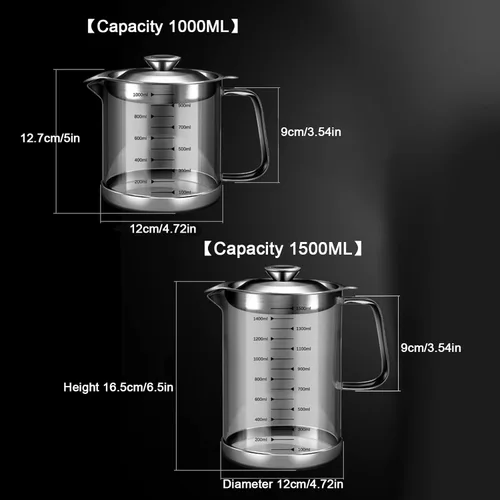 Miniatura 7 de Contenedor de grasa de tocino de vidrio de 1L/35 oz con colador, lata de almacenamiento de aceite de cocina con filtro y escala de malla fina, tapa