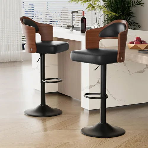 Juego de 2 taburetes de bar giratorios, taburetes de bar de madera tapizados en cuero PU con respaldo y reposapiés, asiento de altura ajustable