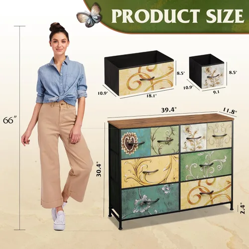 Miniatura 3 de WLIVE Cómoda de 8 cajones para dormitorio, organizador de almacenamiento de cómoda de tela ancha, cómoda con parte superior de madera, marco