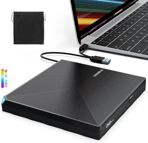 Miniatura 19 de ORIGBELIE Unidad externa de CD y DVD, grabadora de CD USB 3.0 con 2 puertos USB y 2 ranuras para tarjetas TF/SD, unidad de disco óptico