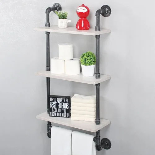 Miniatura 3 de MBQQ Estante de tubería industrial para baño, estantes montados en la pared, estante de madera rústica de 19.6 pulgadas con toallero, toallero
