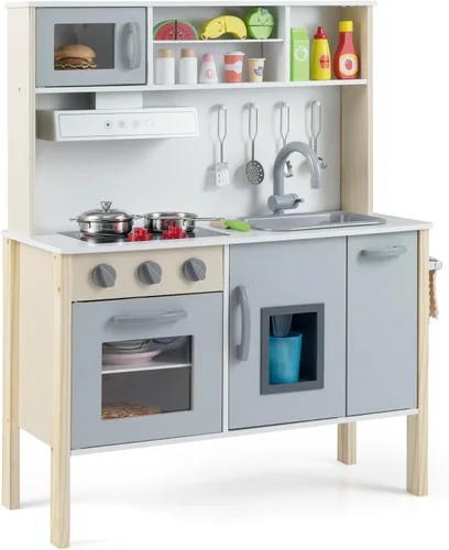 HONEY JOY Juego de cocina para niños, cocina de madera para niños pequeños, microondas, campana extractora, máquina de hielo, 18 accesorios de Gris