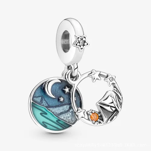 Miniatura 5 de Acampar cielo nocturno doble colgante encanto 925 colgante de plata esterlina, joyería niña cuentas regalos para mujeres pulsera y collar A0109
