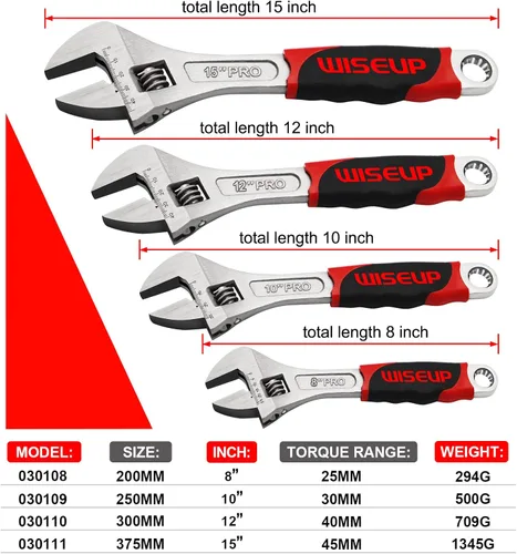 Miniatura 5 de WISEUP - Juego de llaves ajustables de 8 pulgadas y 10 pulgadas Cr-V forjadas, herramientas manuales de grado industrial con empuñadura