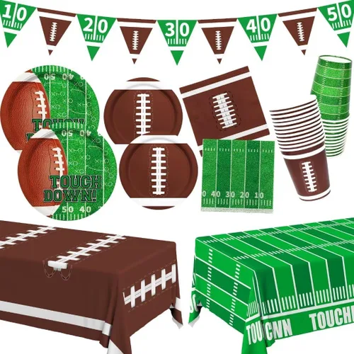 Gatherfun kit de suministros para fiesta de fútbol, para 24 comensales, incluye platos para cena, servilletas para postre, vasos, pancarta y mantel