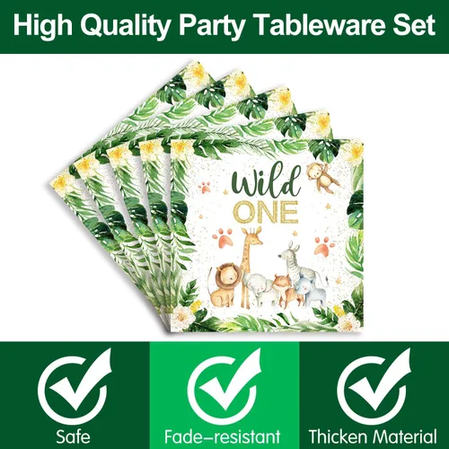 Miniatura 3 de 168 Wild One - Juego de vajilla para fiesta de cumpleaños, incluye platos, servilletas, vasos, cubiertos, para temática de selva de animales