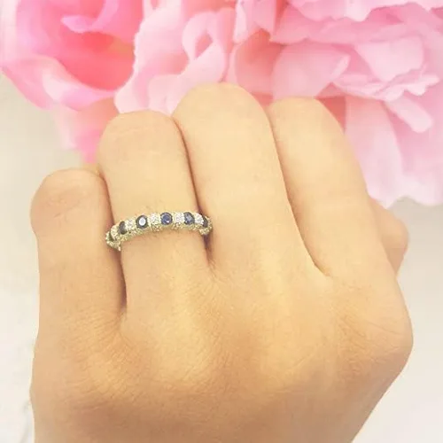 Miniatura 2 de Anillo de boda apilable de oro de 14 quilates con zafiro azul y diamante blanco, Piedra Oro, Zafiro