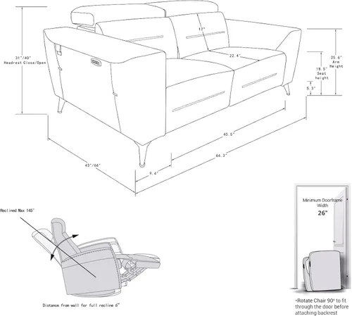 Miniatura 6 de BlackJack Furniture Ferrara - Sofá reclinable de cuero italiano de grano superior con puertos USB para cargar dispositivos, reposacabezas ajustables
