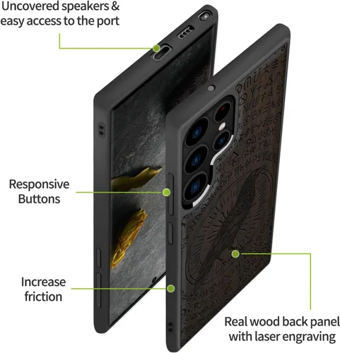 Miniatura 6 de Carveit Funda de madera para Galaxy S22 Ultra [madera natural y TPU suave negro] a prueba de golpes, diseño único de madera compatible con Samsung