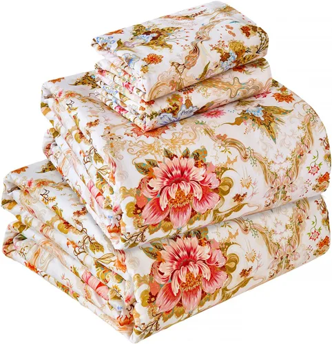 Miniatura 49 de Zusbest Juego de sábanas florales de 100 % algodón percal, color naranja y amarillo, juego de sábanas suaves y transpirables con diseño botánico