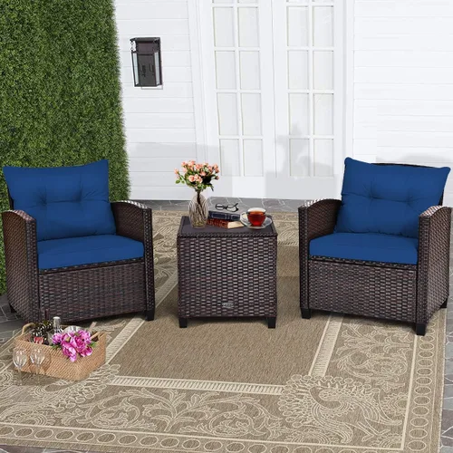 RELAX4LIFE Juego de muebles de patio de 3 piezas, juego de conversación de mimbre con 2 sillones acolchados y mesa con tapa de cristal, juego de