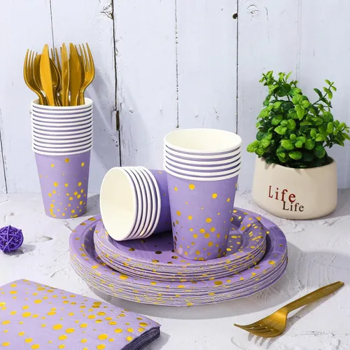 Miniatura 4 de Whaline Juego de vajilla de lavanda de 175 piezas de papel de aluminio morado con puntos dorados, platos de papel, servilletas y tazas para 25