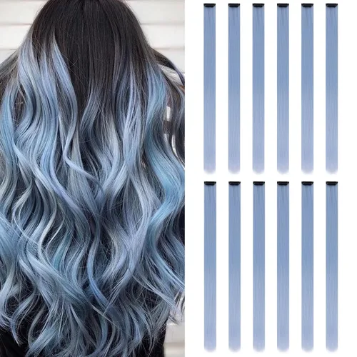 Miniatura 9 de Paquete de 12 extensiones de cabello de colores arcoíris, mechones para fiestas, 22 pulgadas, extensiones de cabello coloridas con clip, mechones