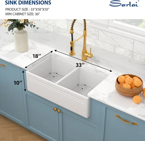 Miniatura 3 de Sarlai Fregadero de cocina de 33 x 18 pulgadas, color blanco, fregadero de cocina de 33 x 18 pulgadas, cuenco doble frontal 50/50 de porcelana