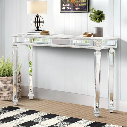 Miniatura 28 de Mesa Consola Negra con Espejo, Mesa de Sofá de Cristal Rectangular de 48 pulgadas con Elementos Tallados Vintage con Espejo, Muebles de Espejo